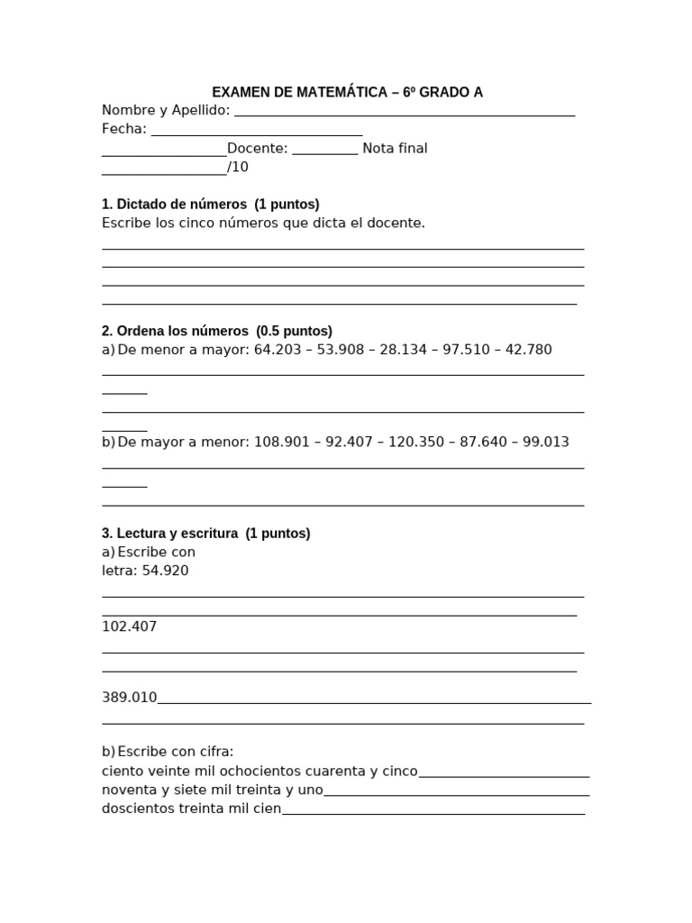 Examen de Matemáticas 6º Grado A y B | PDF