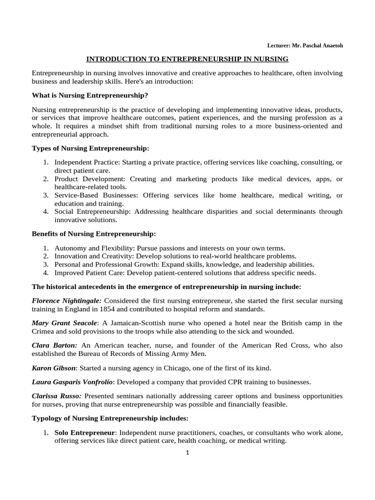 Entrepreneurship in Nursing | PDF | Mentorship | Nursing