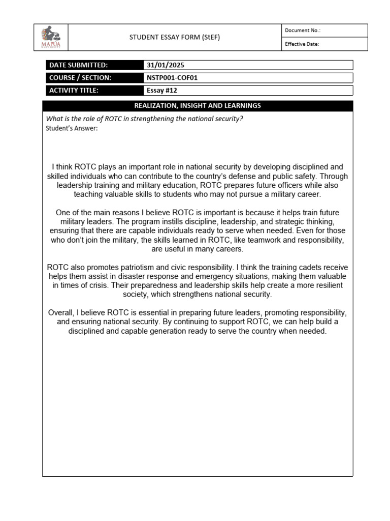 ROTC's Role in National Security | PDF