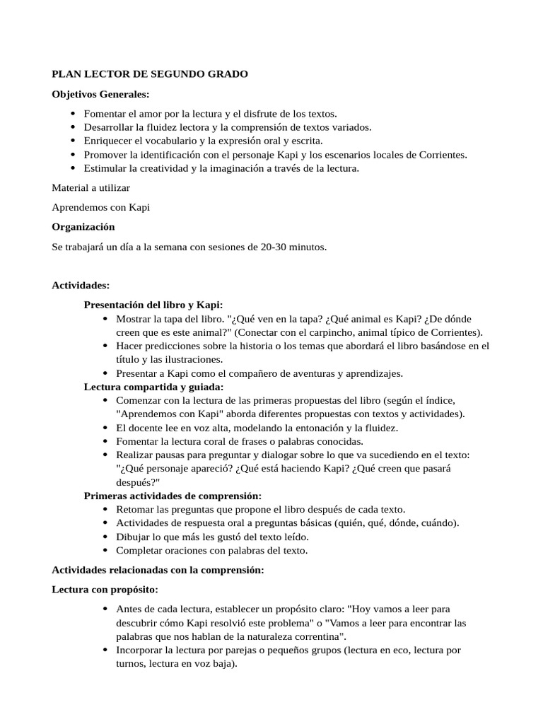 Plan Lector para Segundo Grado: Kapi | PDF | Aprendizaje | Comunicación ...