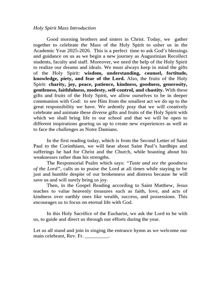 Holy Spirit Mass Introduction | PDF | Prayer | Fruit Of The Holy Spirit