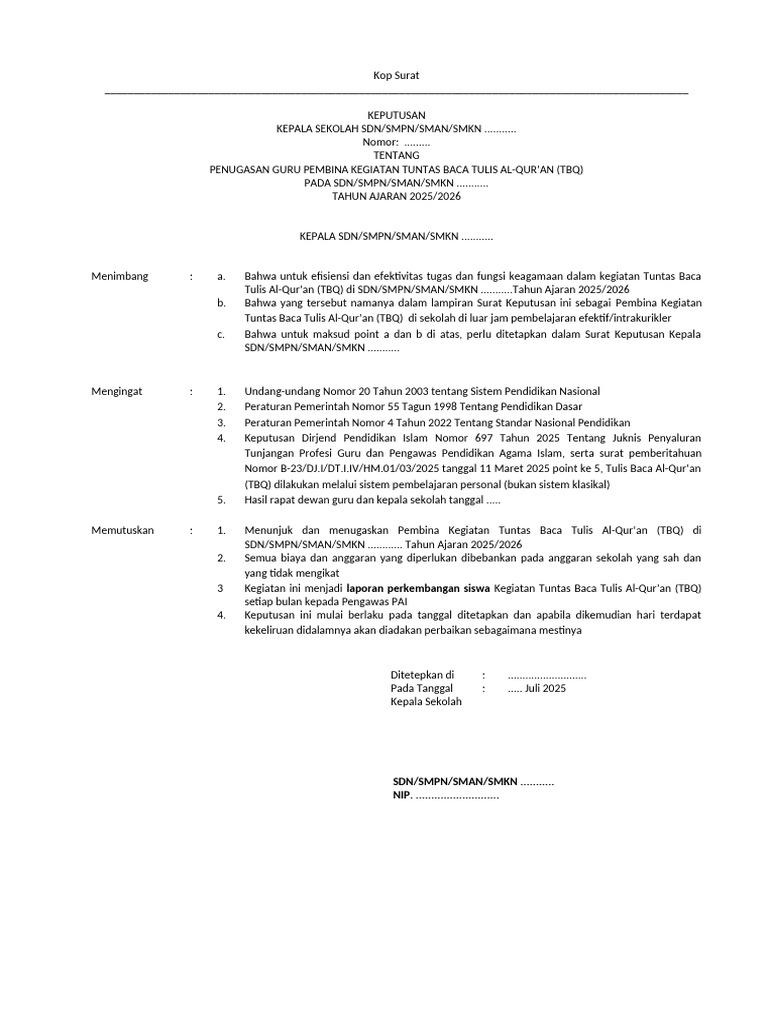 Penugasan Pembina Kegiatan TBQ 2025 | PDF