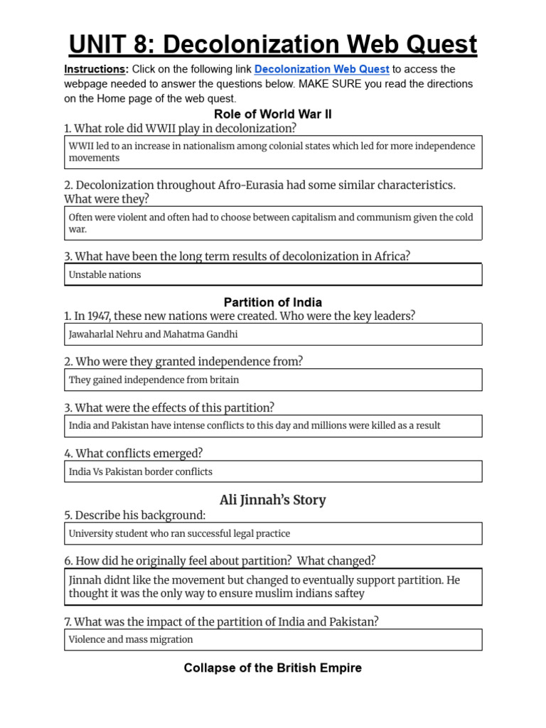 Decolonization Web Quest (ORIGINAL) | PDF | Decolonization | Partition ...