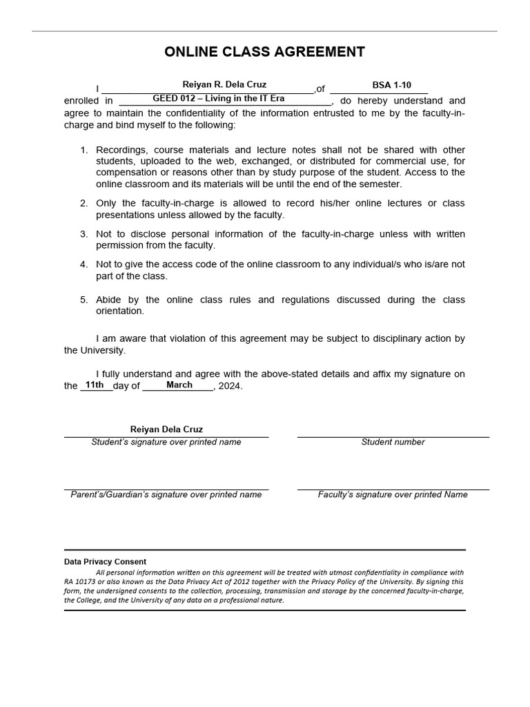 Online Class AgreementSJ 2022 2023 | PDF