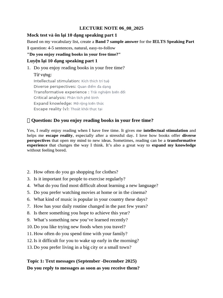 IELTS Speaking Part 1 Mock Test Guide | PDF