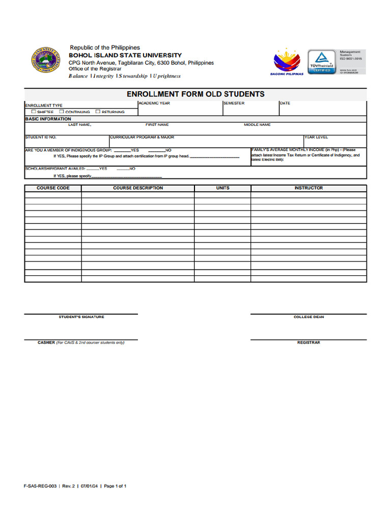 F SAS REG 003 Enrollment Form Old Students 1 | PDF
