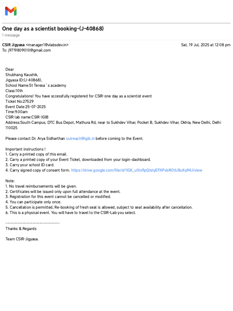 Gmail - One Day As A Scientist Booking - (J-40868) | PDF