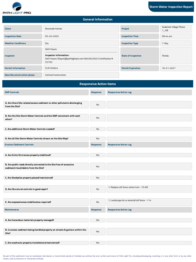 Storm Water Inspection Report for Seabrook Village | PDF | Stormwater ...