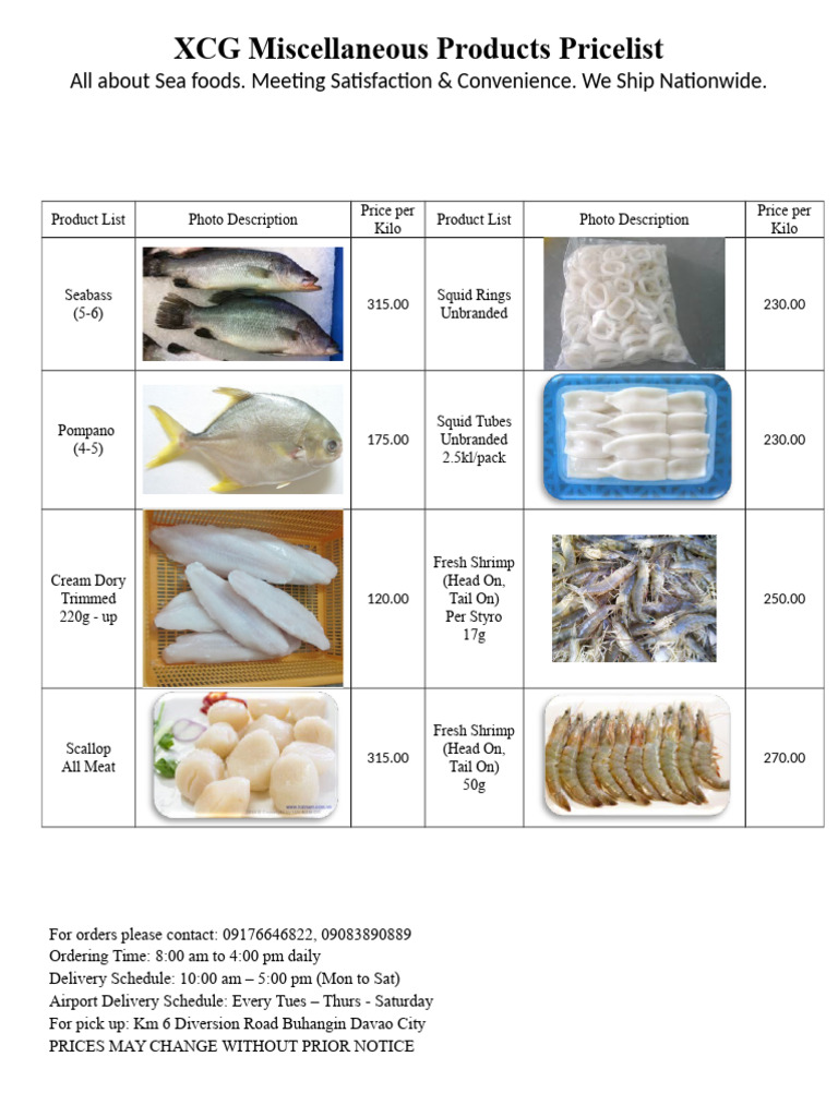 Seafood Pricelist and Ordering Info | PDF | Fishing Industry | Foods
