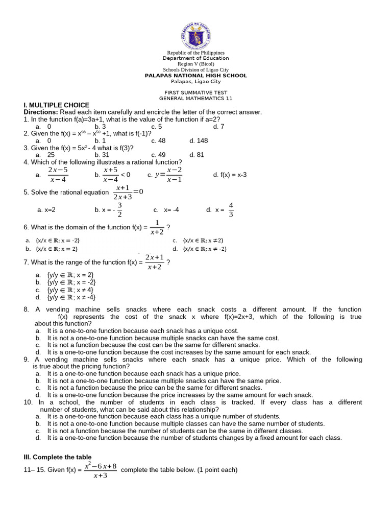 General Mathematics 11 Summative Test | PDF