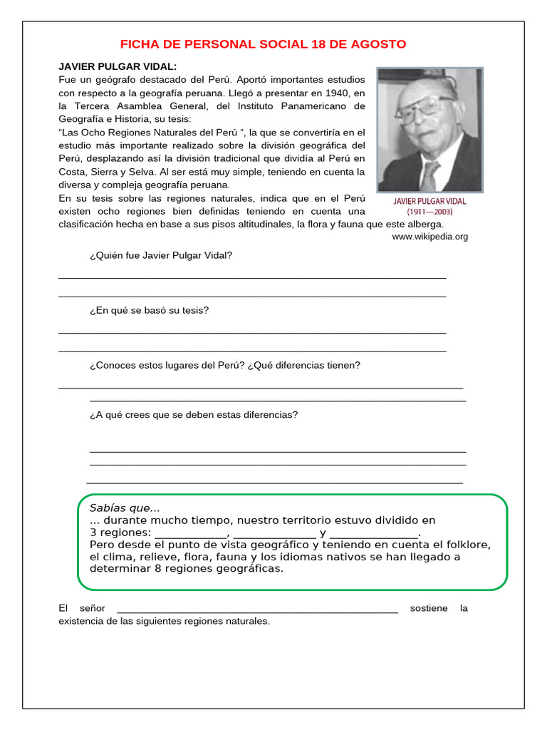 Ficha de Personal Social 18 de Agosto | PDF | Perú | Ciencias de la Tierra
