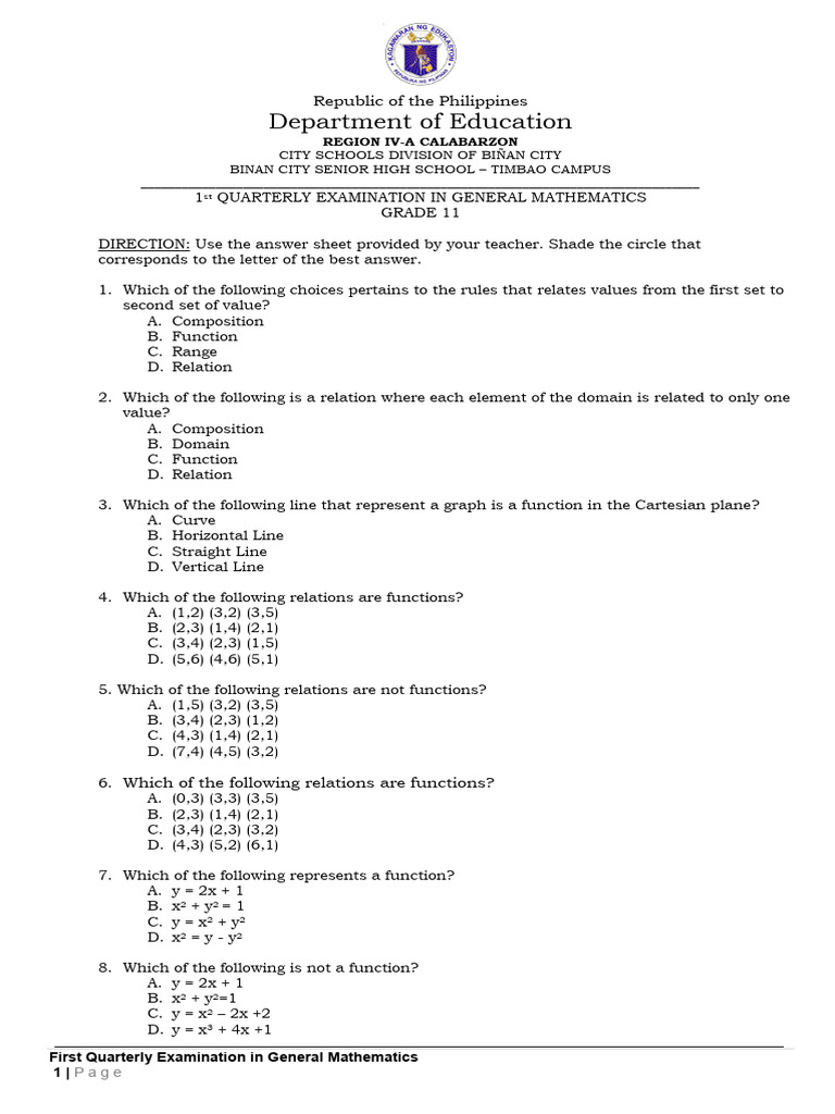 Grade 11 General Math Quarterly Exam | PDF | Function (Mathematics ...