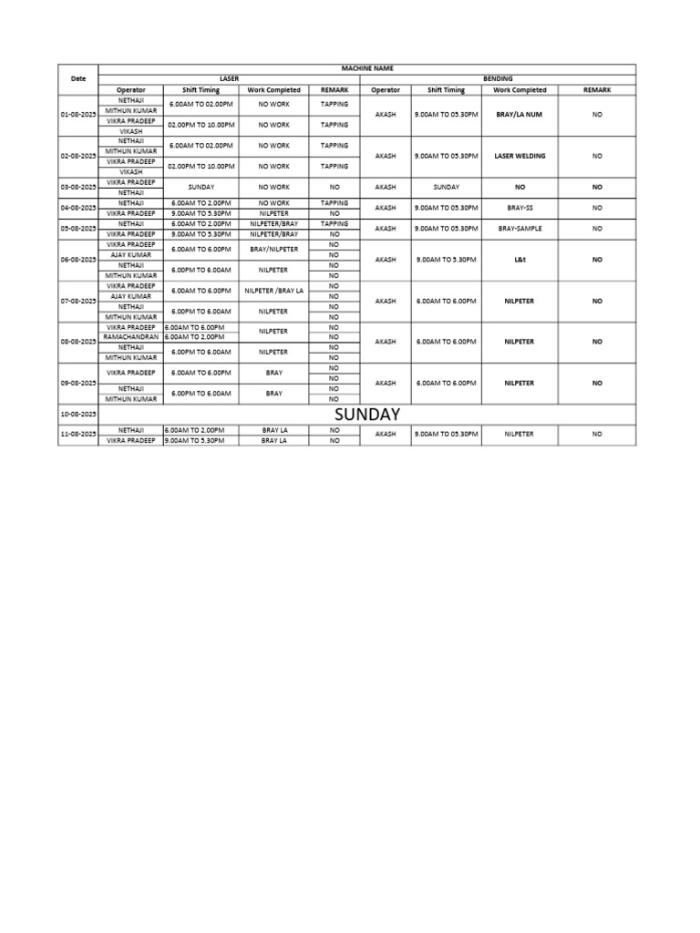 Operator Shift Schedule and Work Log | PDF