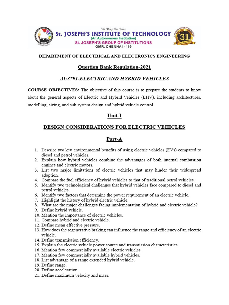 AU3791 Electric and Hybrid Vehicles Notes | PDF | Electric Motor ...