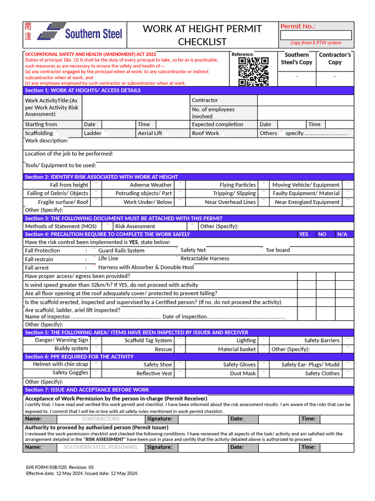 Work at Height Safety Checklist | PDF | Occupational Safety And Health ...