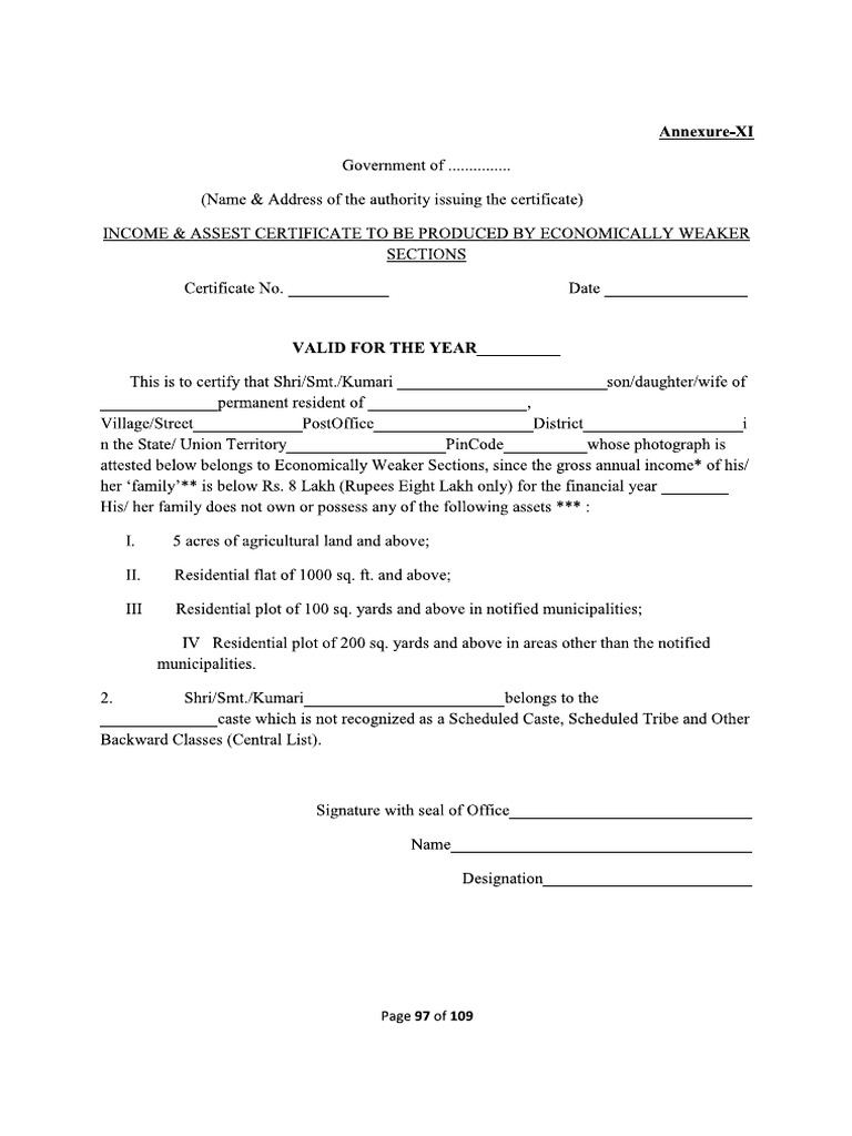 SSC Format For SC, ST, OBC & EWS Certificates. | PDF