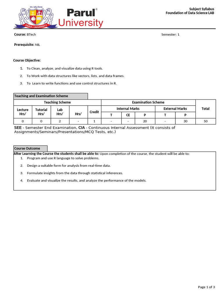 Data Science Lab Syllabus for BTech | PDF | Data | Regression Analysis