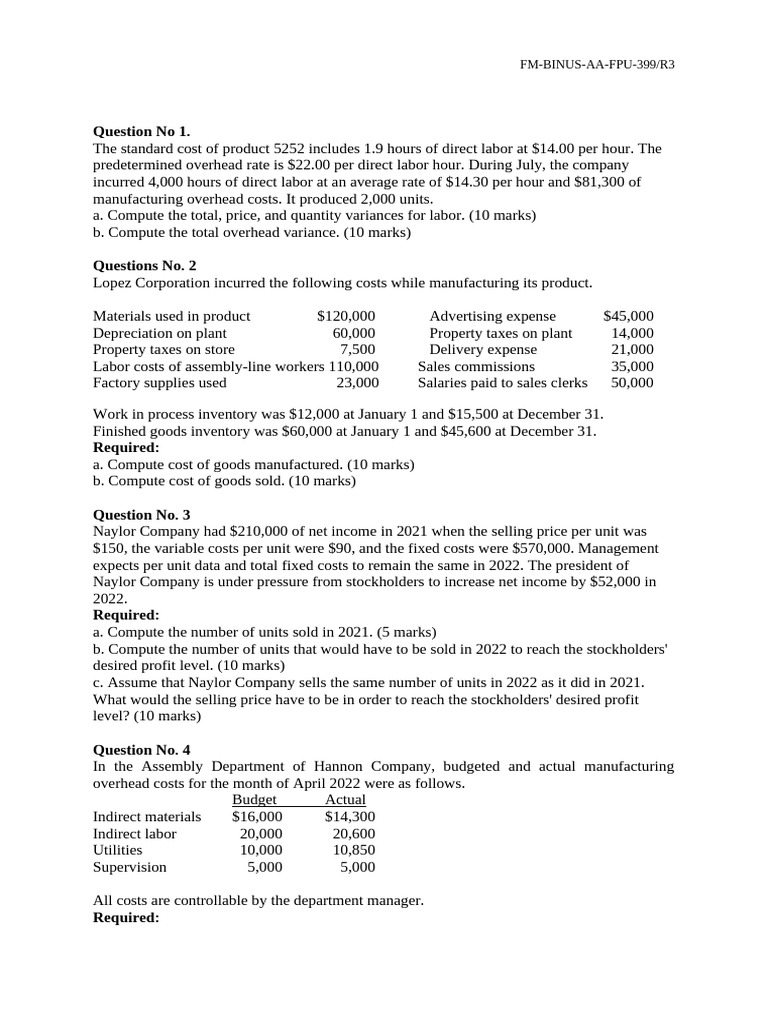 Lopez Corporation Manufacturing Costs Analysis | PDF | Cost Of Goods ...