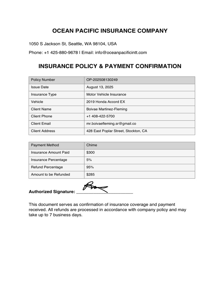 Ocean Pacific Insurance Payment Confirmation | PDF