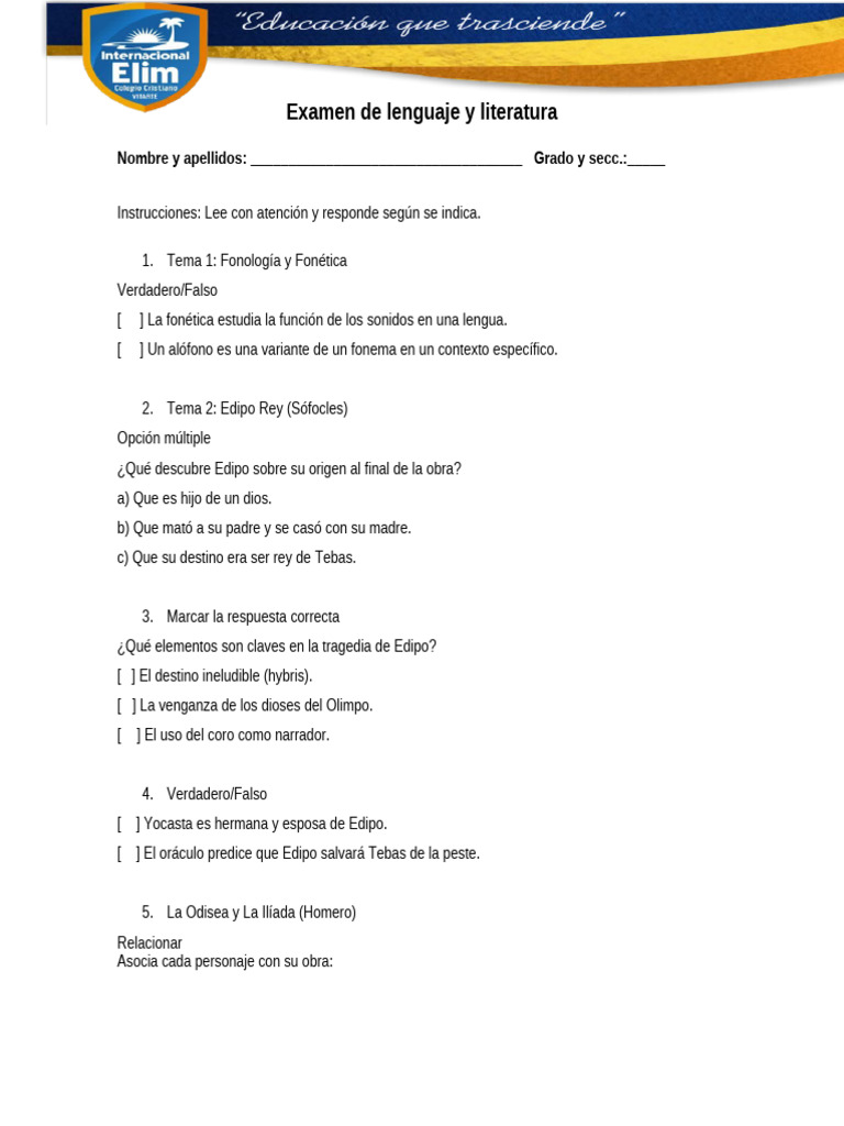 Examen de Lenguaje y Literatura 5TO | PDF