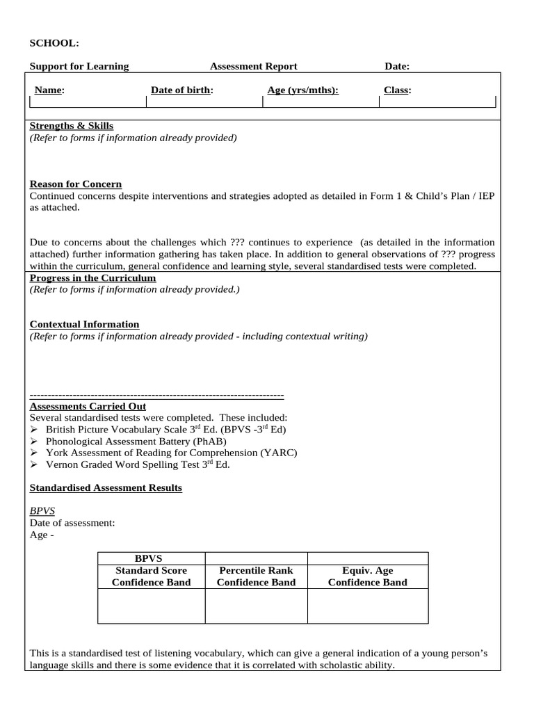 Dyslexia Assessment Report Template | PDF | Dyslexia | Reading ...