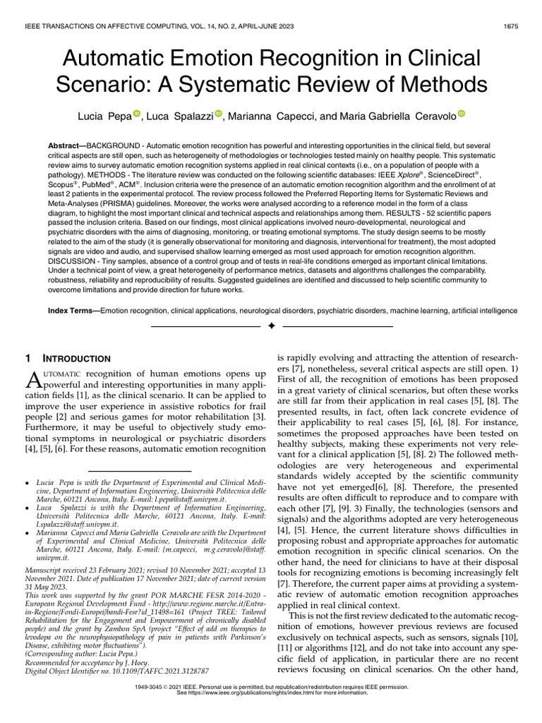 Clinical Applications of Emotion Recognition | PDF | Systematic Review ...