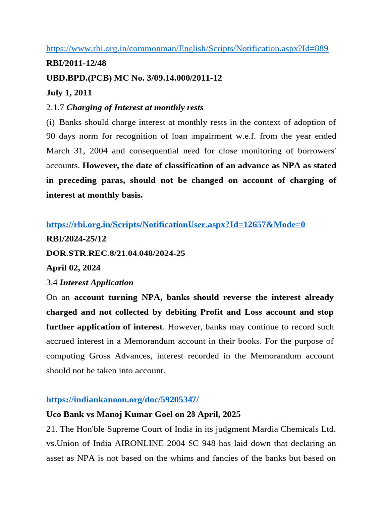 RBI Guidelines on NPA Interest Charges | PDF | Interest | Justice