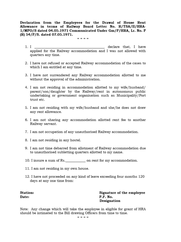 Railway HRA Declaration Form | PDF