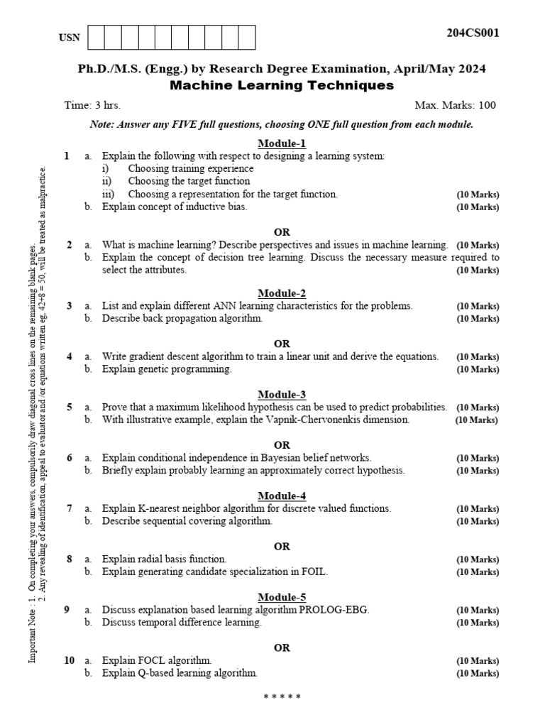 Machine Learning Exam Questions 2024 | PDF | Machine Learning | Learning