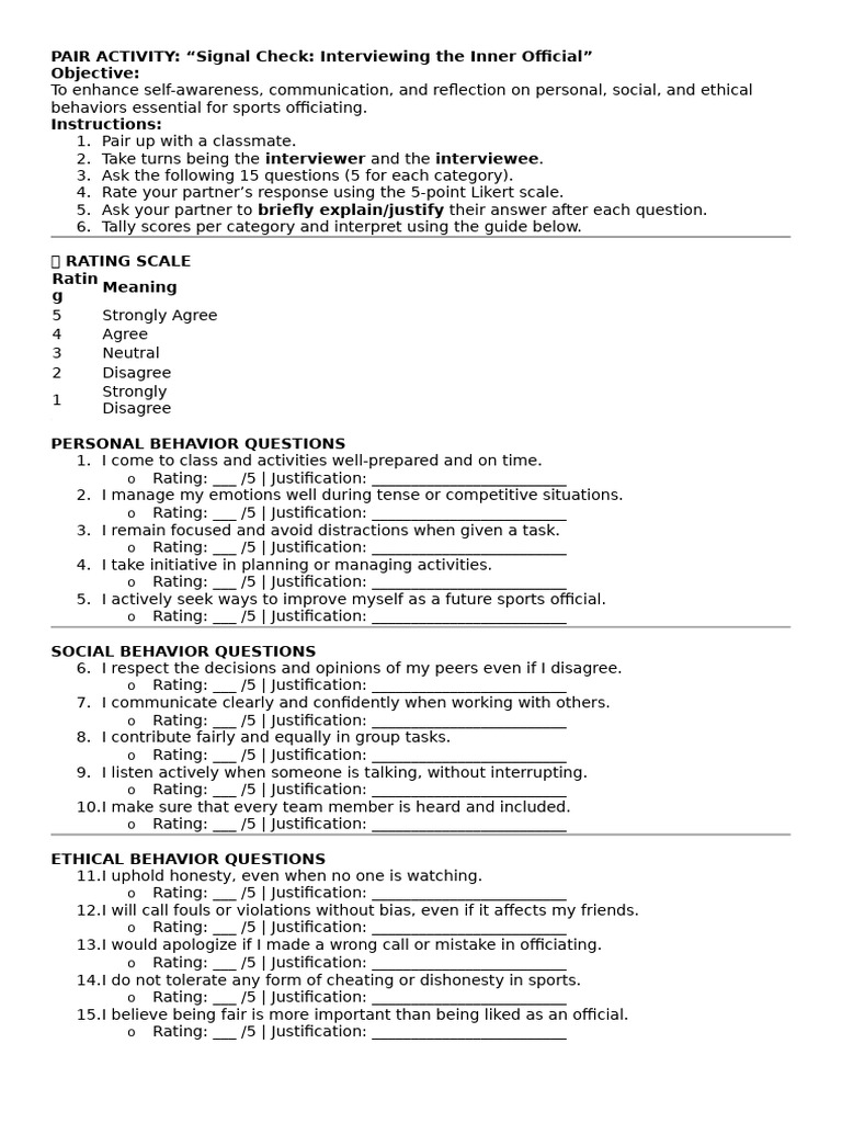 Pair Activity - Sports Officiating - Interview Personal Behavior | PDF ...