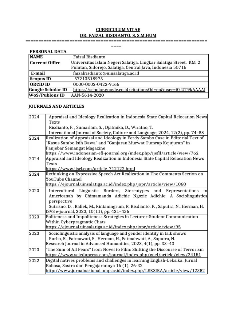 Dr. Faizal Risdianto's Curriculum Vitae | PDF | Linguistics | Discourse