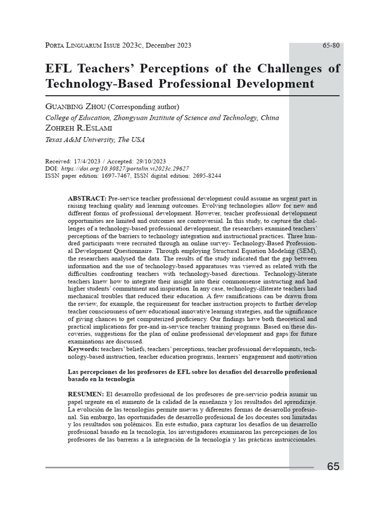 EFL Teachers' Perceptions of The Challenges of Technology-Based ...