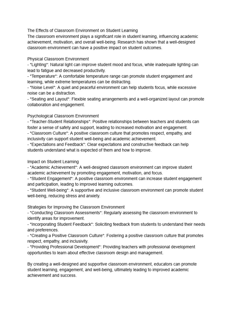 Classroom Environment's Impact on Learning | PDF | Classroom | Well Being