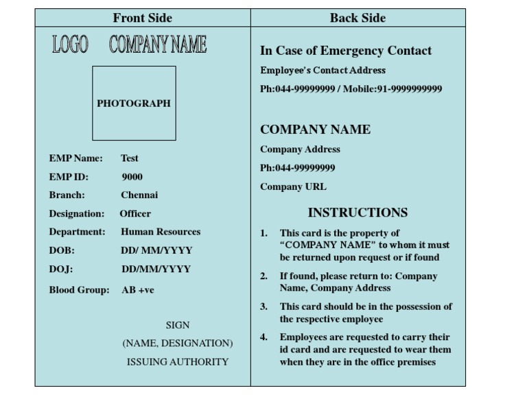 Employee Identification Card Template with Key Contact Details PDF