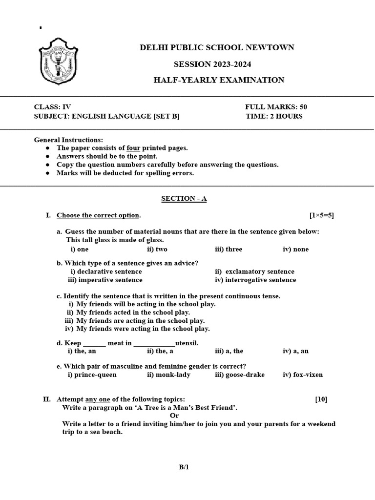 Class IV English Half-Yearly Exam 2023 | PDF | Grammatical Tense | Question