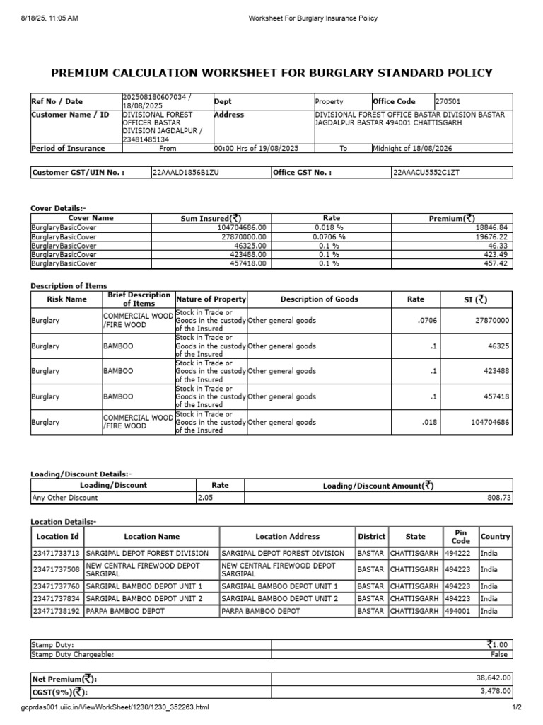Burglary Insurance Premium Worksheet | PDF | Insurance | Private Sector
