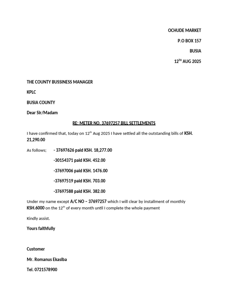 KPLC Bill Settlement Confirmation Letter | PDF