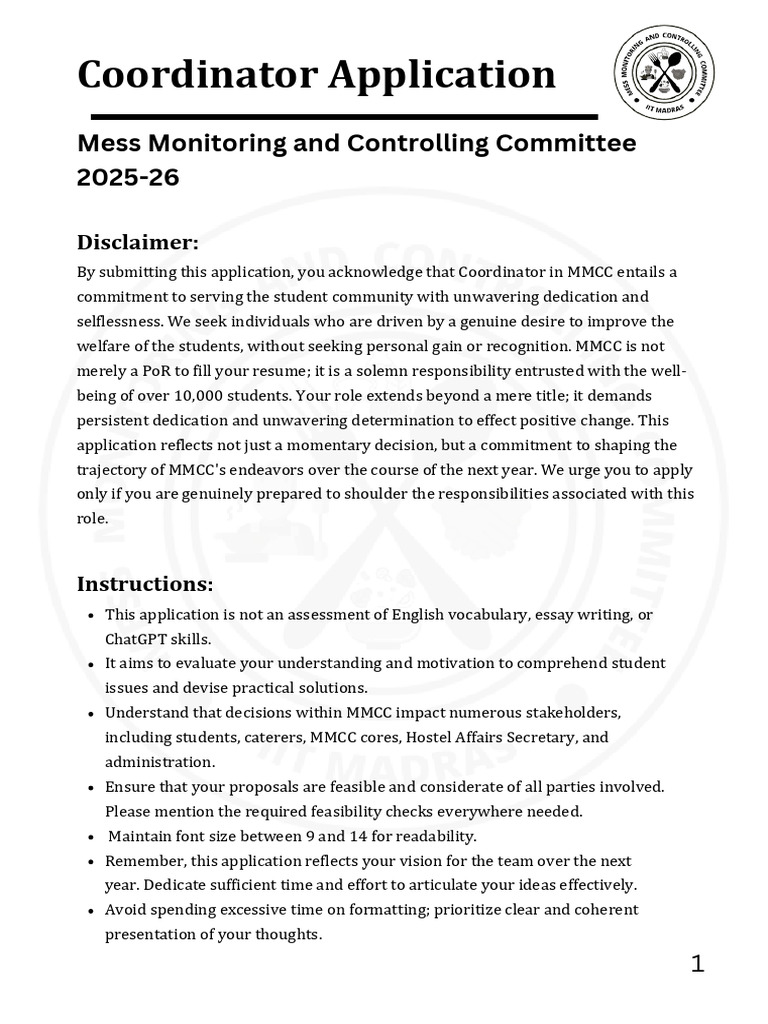 MMCC Coordinator Application | PDF