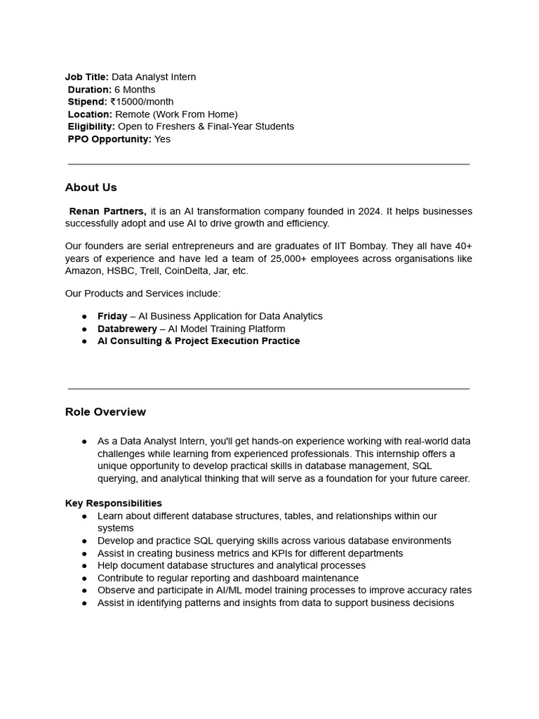 Remote Data Analyst Internship at Renan Partners | PDF | Databases ...