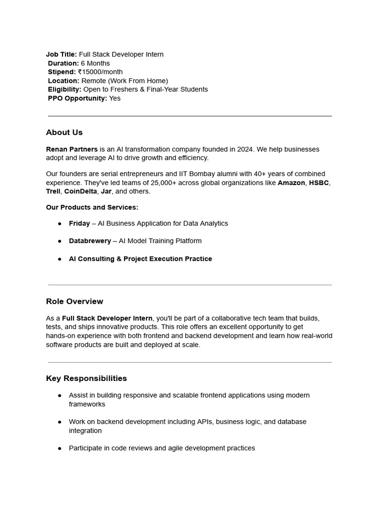 Full Stack Developer Internship Remote | PDF | Artificial Intelligence ...
