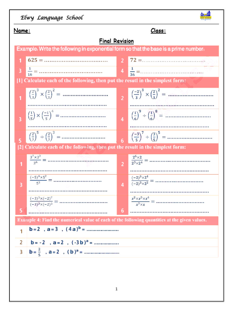 2nd Term Mathematics Revision Sheet -prep 1 | PDF