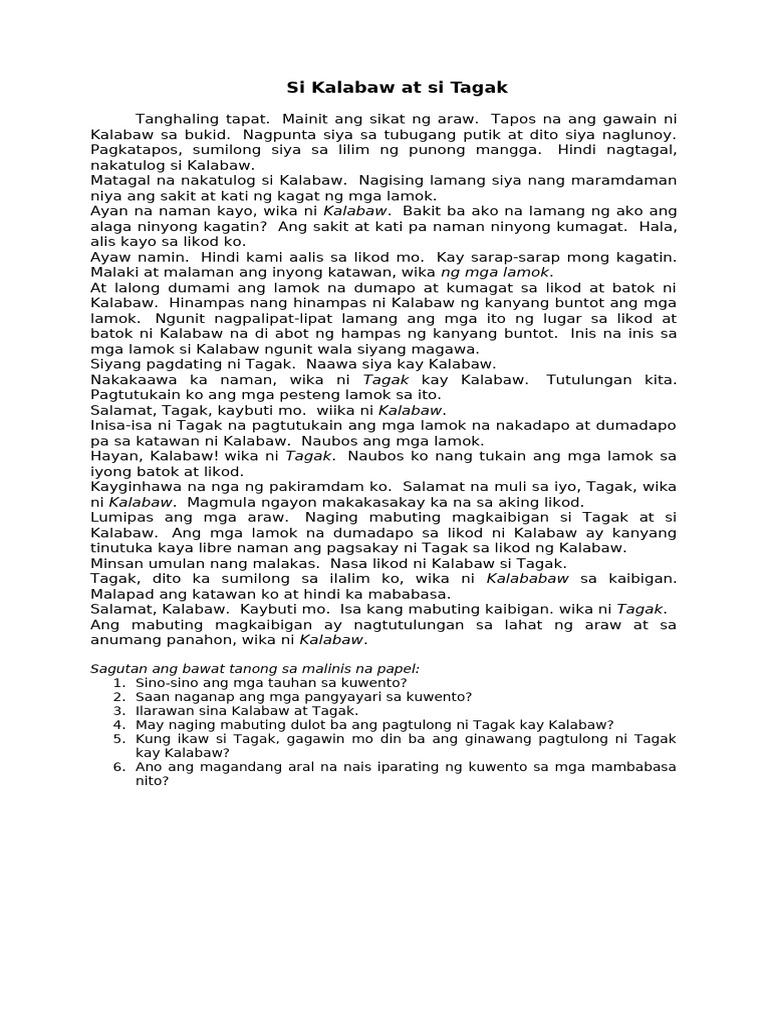 Si Kalabaw at si Tagak: Aral ng Pagkakaibigan | PDF