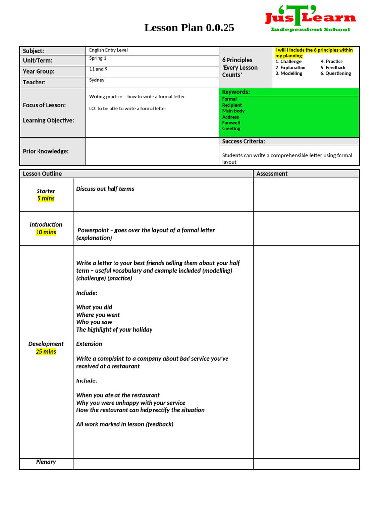 Lesson Plan 2.6.25 EAL English EL1 | PDF | Lesson Plan | Learning