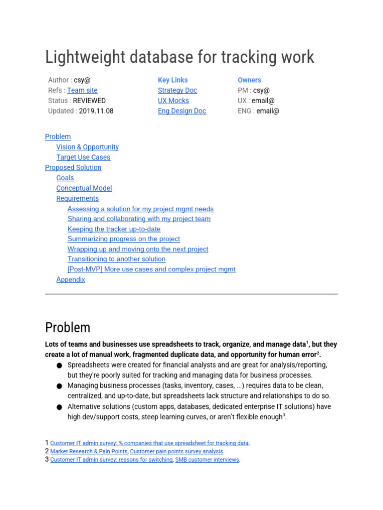 Example Product PRD - Lightweight Database For Tracking Work | PDF ...