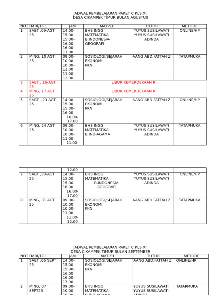 Jadwal Pembelajaran Paket C Kls Xii | PDF