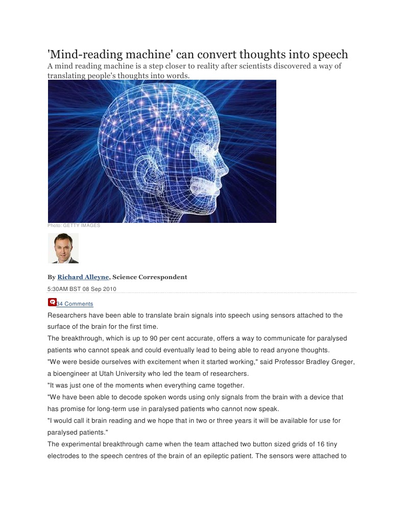'MindReading Machine' Can Convert Thoughts Into Speech PDF