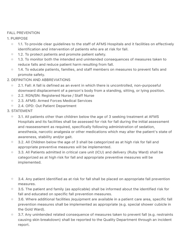 Fall Prevention Guidelines for AFMS Hospitals | PDF | Patient | Nursing