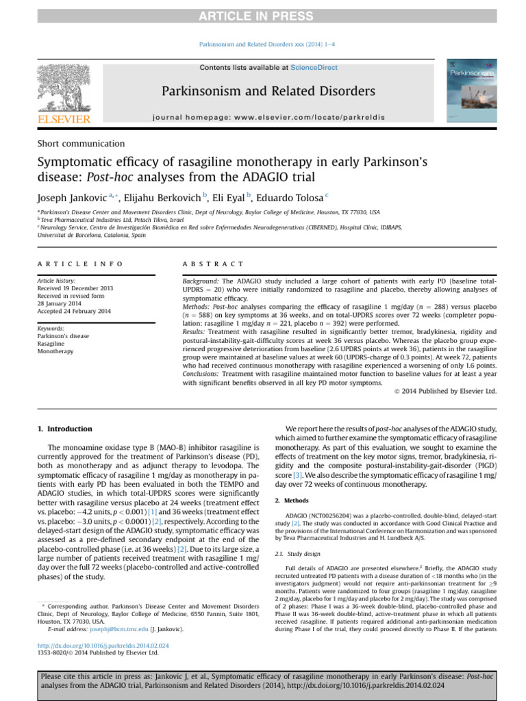 Rasagiline Monotherapy in Early PD Efficacy | PDF | Diseases And ...