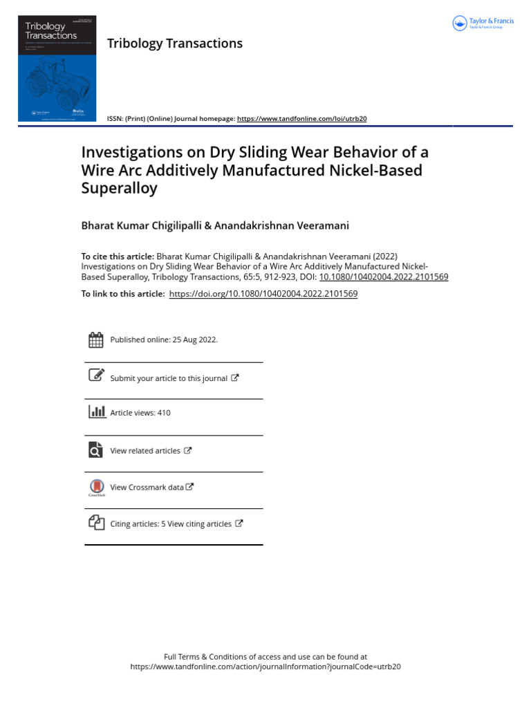 Investigations On Dry Sliding Wear Behavior of A Wire Arc Additively ...