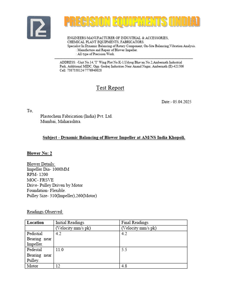 Dynamic Balancing Test Report for Blower | PDF